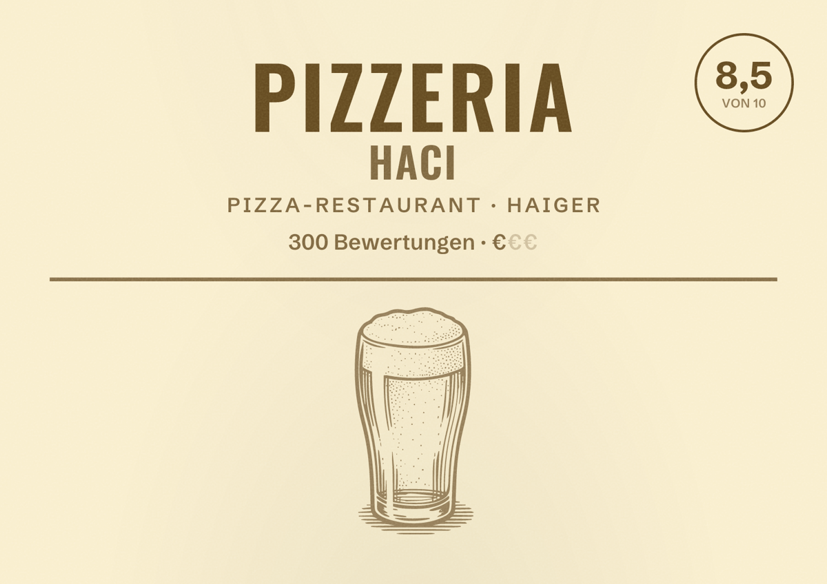 Illustriertes Poster von Pizzeria Haci, Pizza-Restaurant in Haiger: Bewertung 8,5 von 10 aus 300 Bewertungen, Preisniveau €
