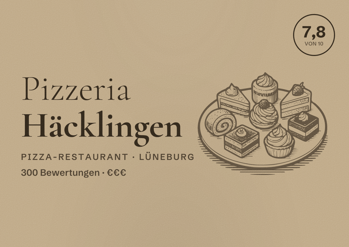 Illustriertes Poster von Pizzeria Häcklingen, Pizza-Restaurant in Lüneburg: Bewertung 7,8 von 10 aus 300 Bewertungen, Preisniveau €€€