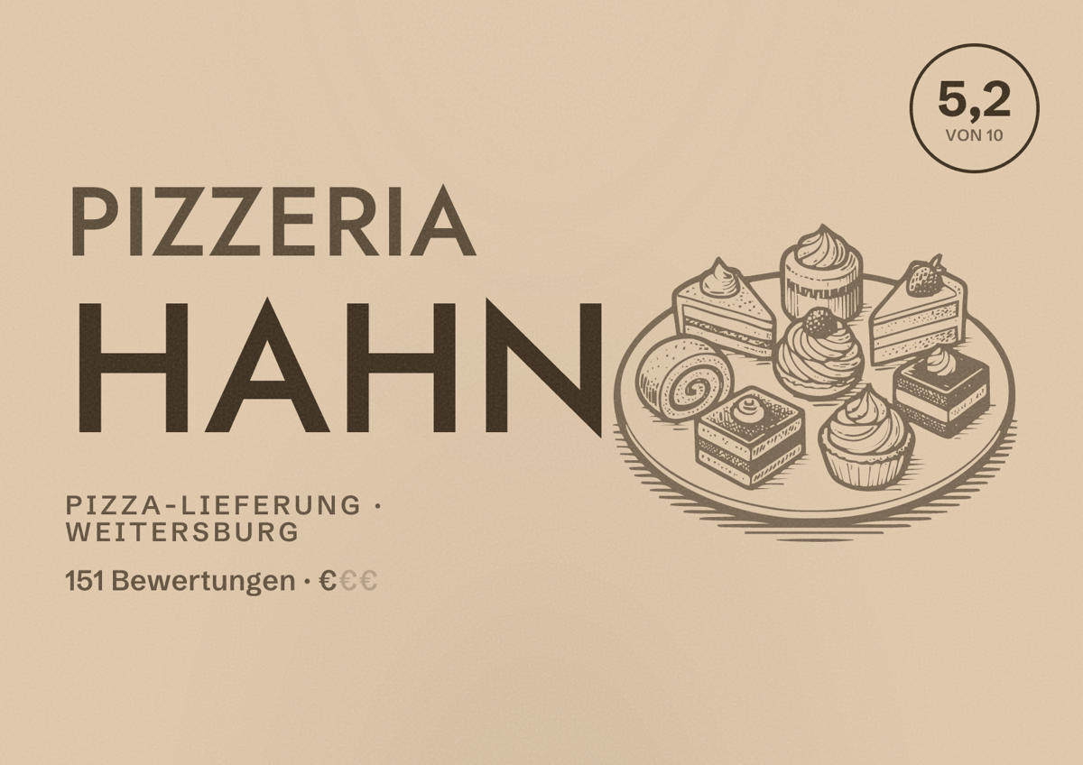 Illustriertes Poster von Pizzeria Hahn, Pizza-Lieferung in Weitersburg: Bewertung 5,2 von 10 aus 151 Bewertungen, Preisniveau €