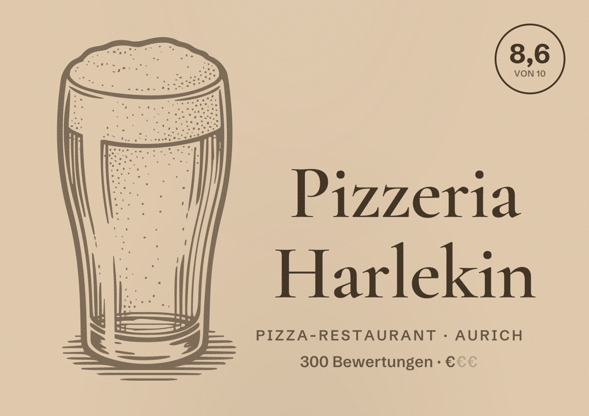 Illustriertes Poster von Pizzeria Harlekin, Pizza-Restaurant in Aurich: Bewertung 8,6 von 10 aus 300 Bewertungen, Preisniveau €