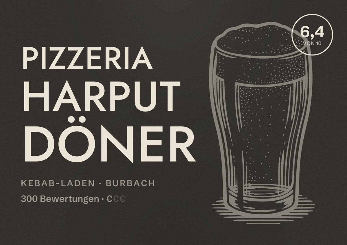 Illustriertes Poster von Pizzeria Harput Döner, Kebab-Laden in Burbach: Bewertung 6,4 von 10 aus 300 Bewertungen, Preisniveau €