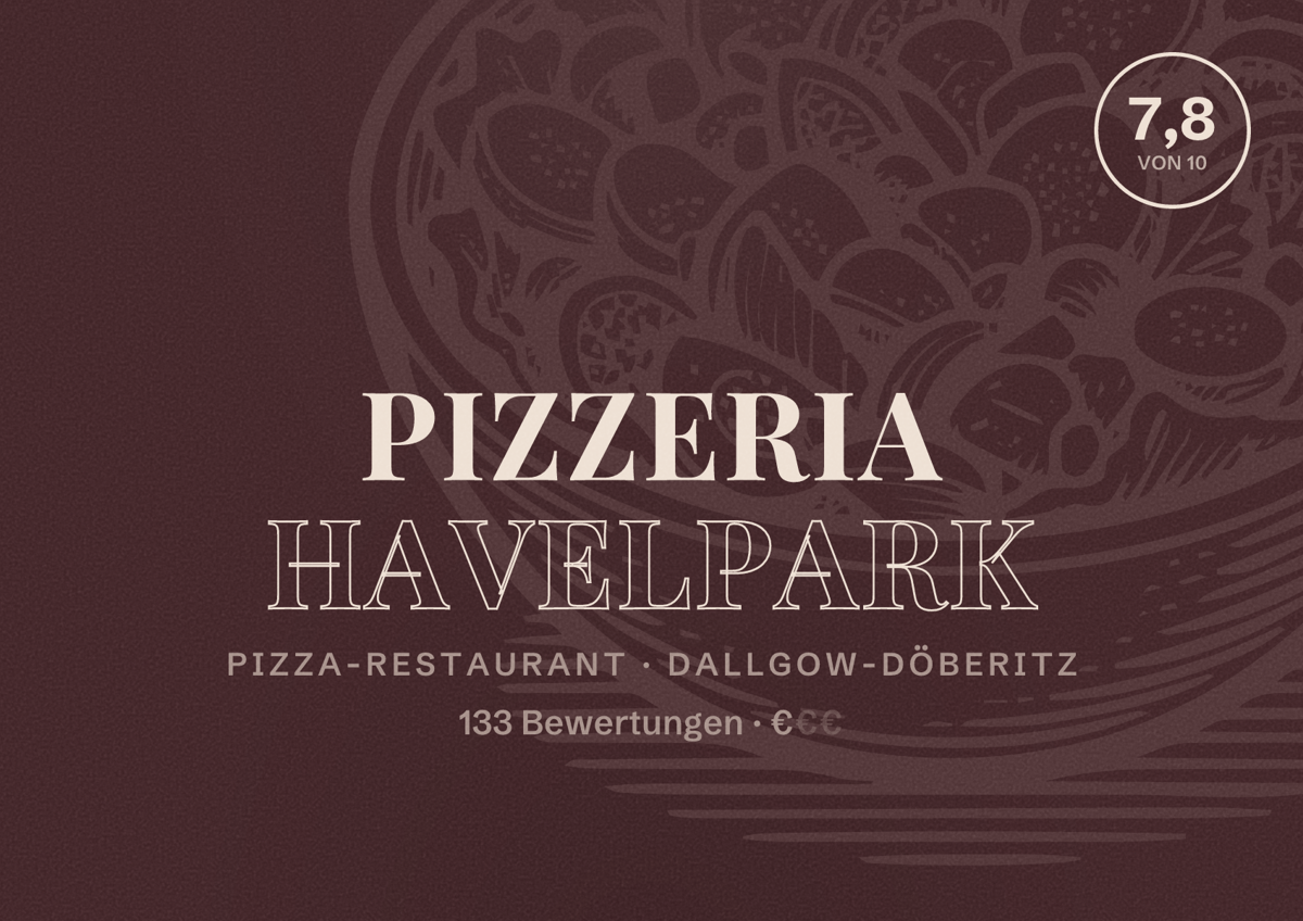 Illustriertes Poster von Pizzeria Havelpark, Pizza-Restaurant in Dallgow-Döberitz: Bewertung 7,8 von 10 aus 133 Bewertungen, Preisniveau €
