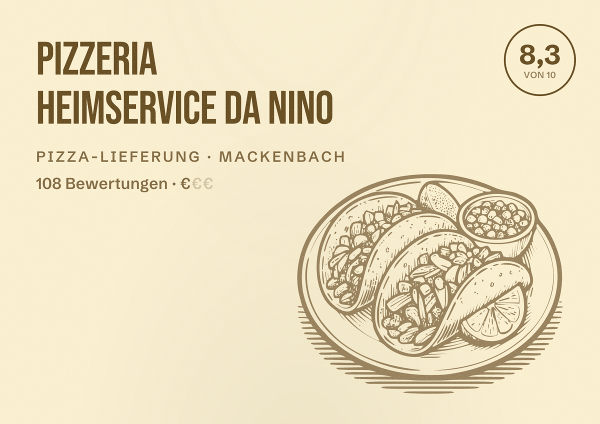 Illustriertes Poster von Pizzeria Heimservice Da Nino, Pizza-Lieferung in Mackenbach: Bewertung 8,3 von 10 aus 108 Bewertungen, Preisniveau €