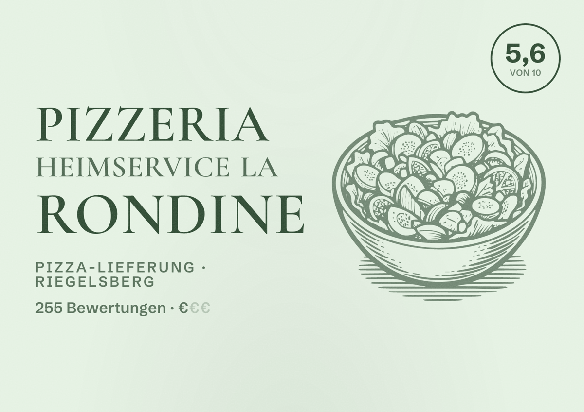 Illustriertes Poster von Pizzeria Heimservice La Rondine, Pizza-Lieferung in Riegelsberg: Bewertung 5,6 von 10 aus 255 Bewertungen, Preisniveau €