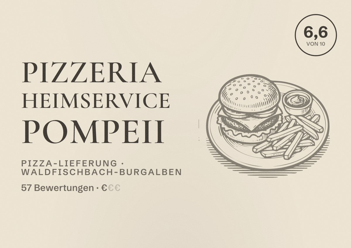 Illustriertes Poster von Pizzeria Heimservice Pompeii, Pizza-Lieferung in Waldfischbach-Burgalben: Bewertung 6,6 von 10 aus 57 Bewertungen, Preisniveau €