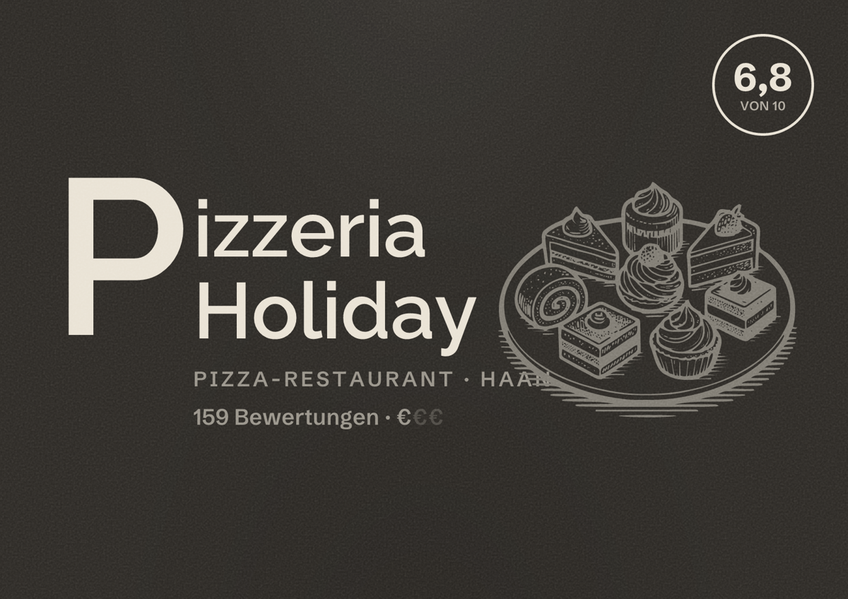 Illustriertes Poster von Pizzeria Holiday, Pizza-Restaurant in Haan: Bewertung 6,8 von 10 aus 159 Bewertungen, Preisniveau €