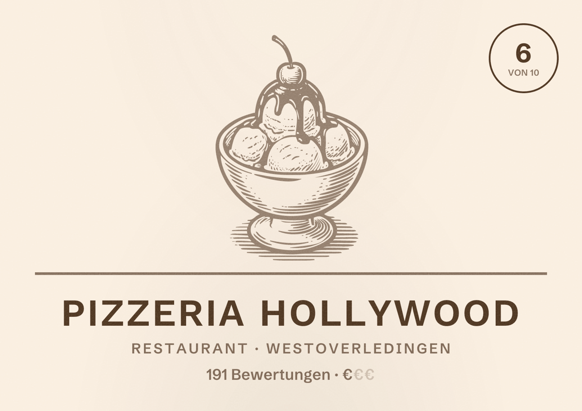 Illustriertes Poster von Pizzeria Hollywood, Restaurant in Westoverledingen: Bewertung 6 von 10 aus 191 Bewertungen, Preisniveau €