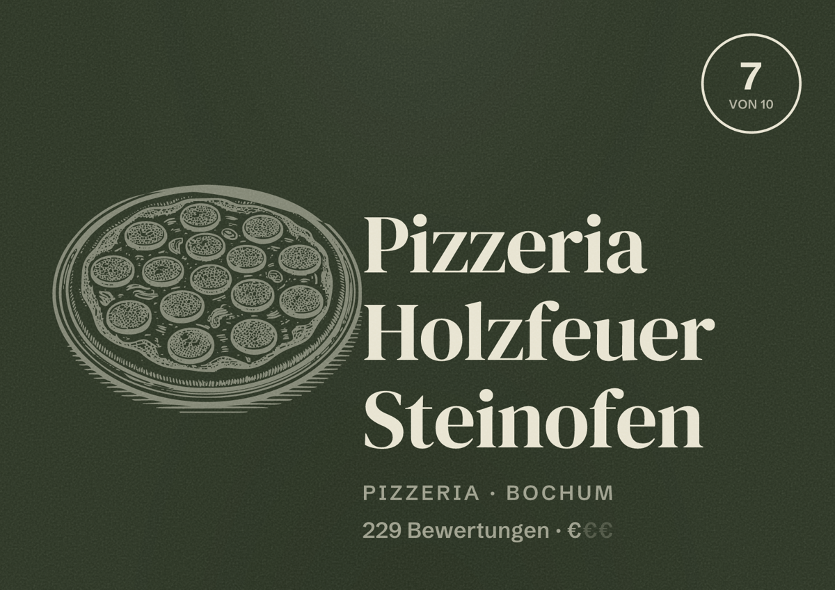 Illustriertes Poster von Pizzeria Holzfeuer Steinofen, Pizzeria in Bochum: Bewertung 7 von 10 aus 229 Bewertungen, Preisniveau €