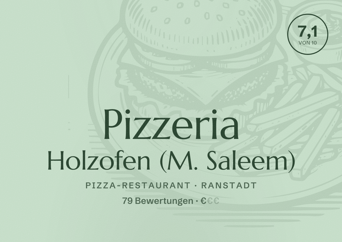 Illustriertes Poster von Pizzeria Holzofen (M. Saleem), Pizza-Restaurant in Ranstadt: Bewertung 7,1 von 10 aus 79 Bewertungen, Preisniveau €