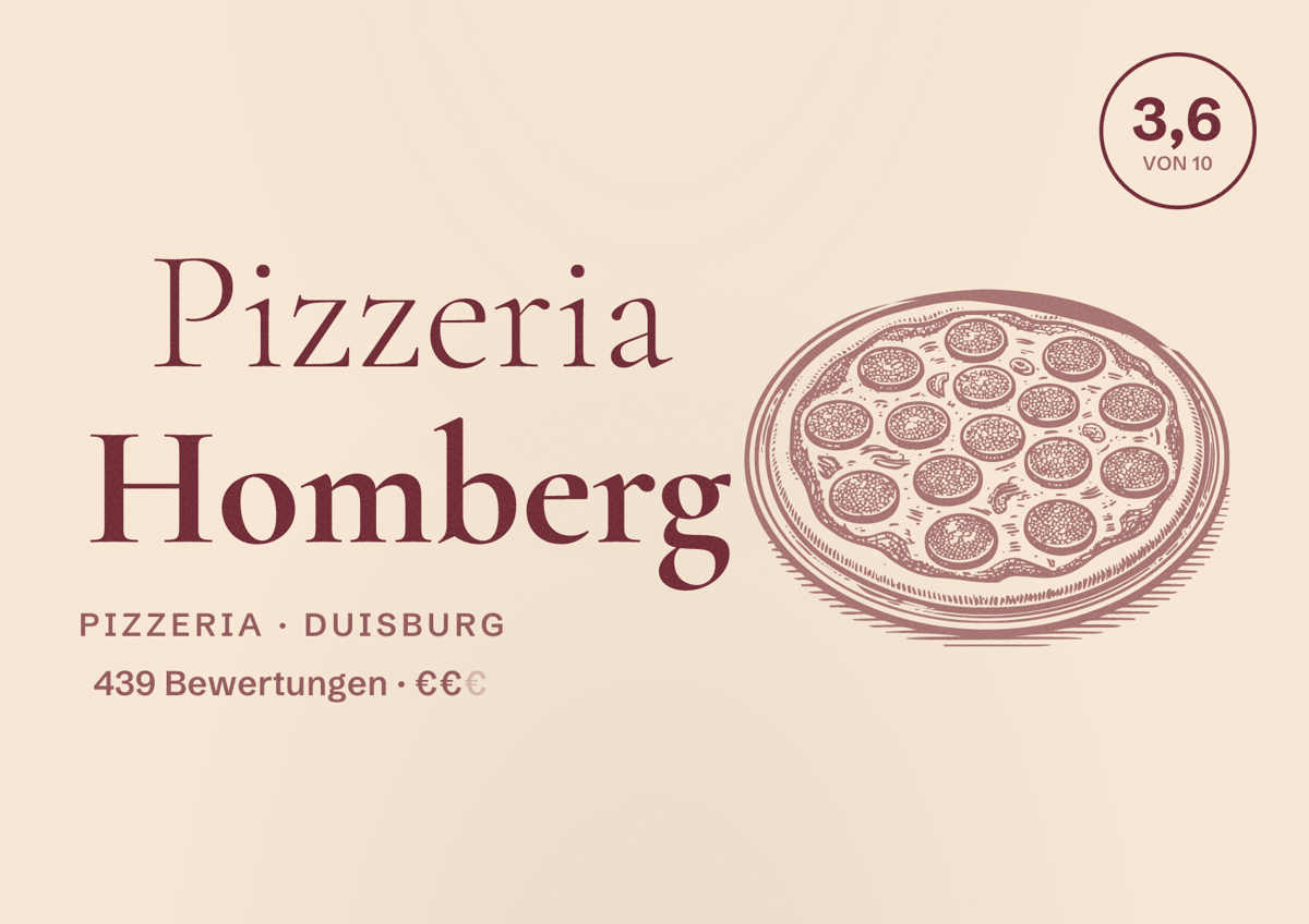 Illustriertes Poster von Pizzeria Homberg, Pizzeria in Duisburg: Bewertung 3,6 von 10 aus 439 Bewertungen, Preisniveau €€