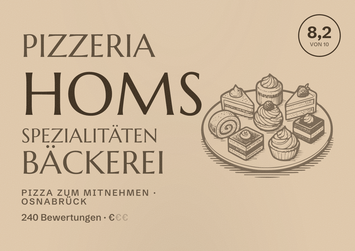 Illustriertes Poster von Pizzeria Homs Spezialitäten Bäckerei, Pizza zum Mitnehmen in Osnabrück: Bewertung 8,2 von 10 aus 240 Bewertungen, Preisniveau €