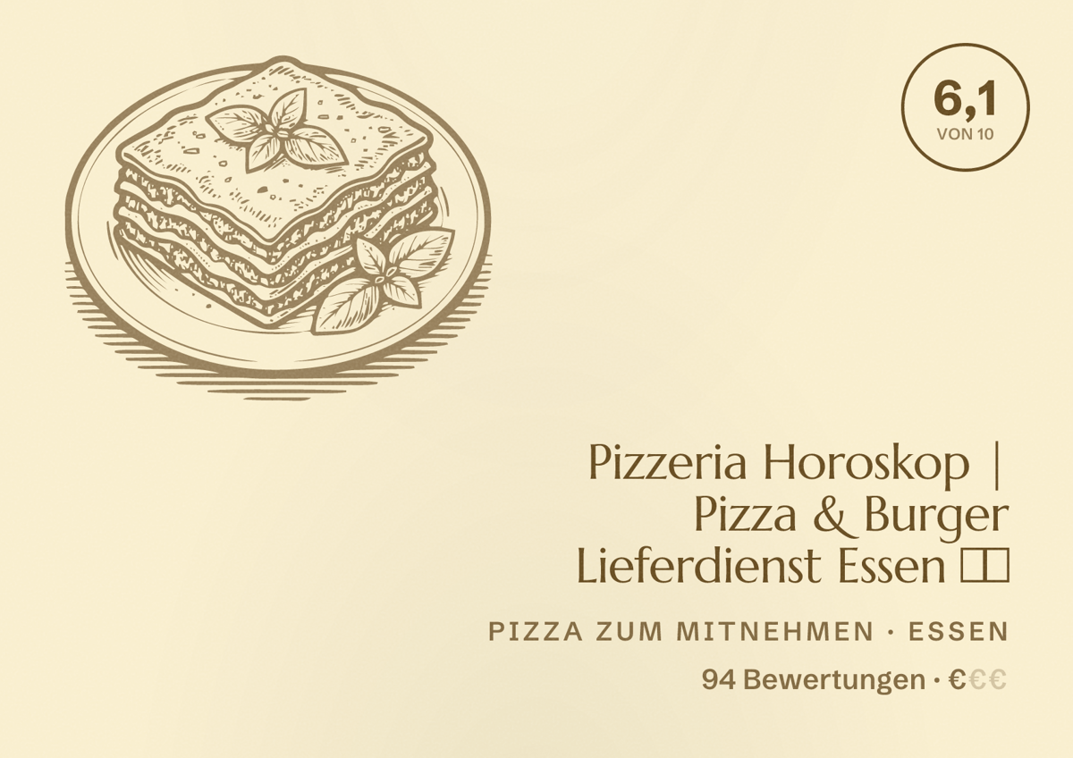 Illustriertes Poster von Pizzeria Horoskop | Pizza & Burger Lieferdienst Essen 🍔🍕, Pizza zum Mitnehmen in Essen: Bewertung 6,1 von 10 aus 94 Bewertungen, Preisniveau €