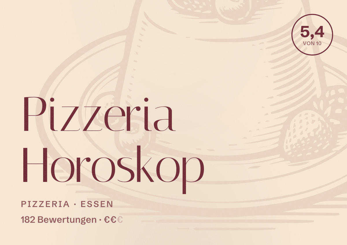Illustriertes Poster von Pizzeria Horoskop, Pizzeria in Essen: Bewertung 5,4 von 10 aus 182 Bewertungen, Preisniveau €€