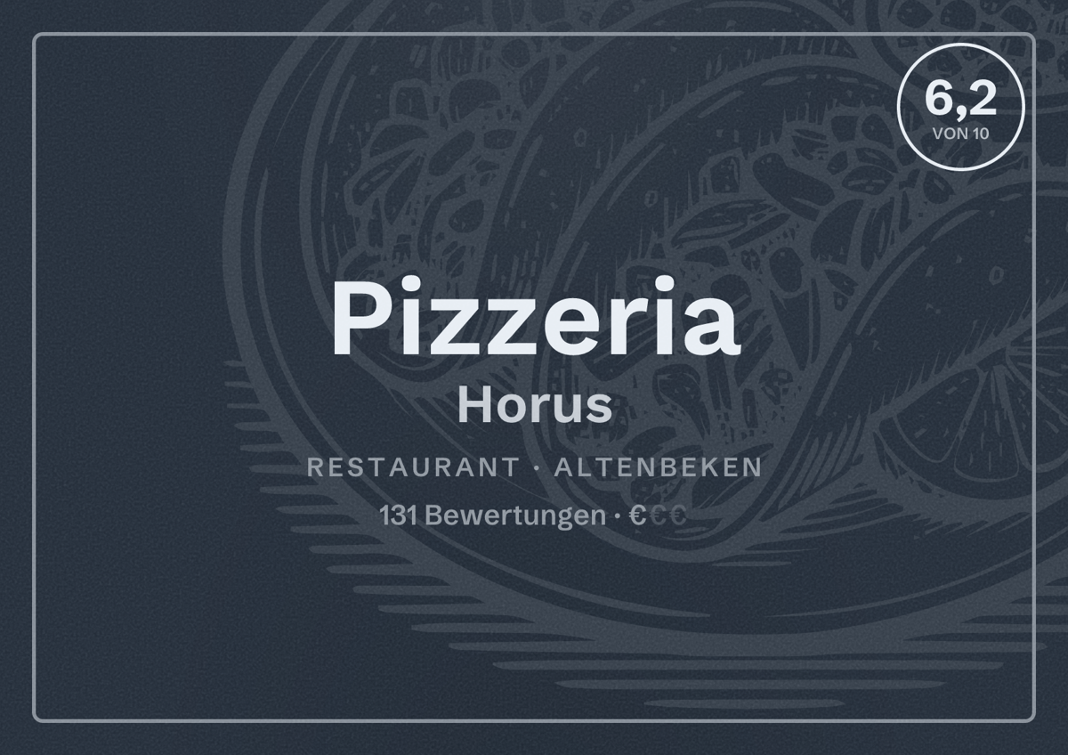 Illustriertes Poster von Pizzeria Horus, Restaurant in Altenbeken: Bewertung 6,2 von 10 aus 131 Bewertungen, Preisniveau €
