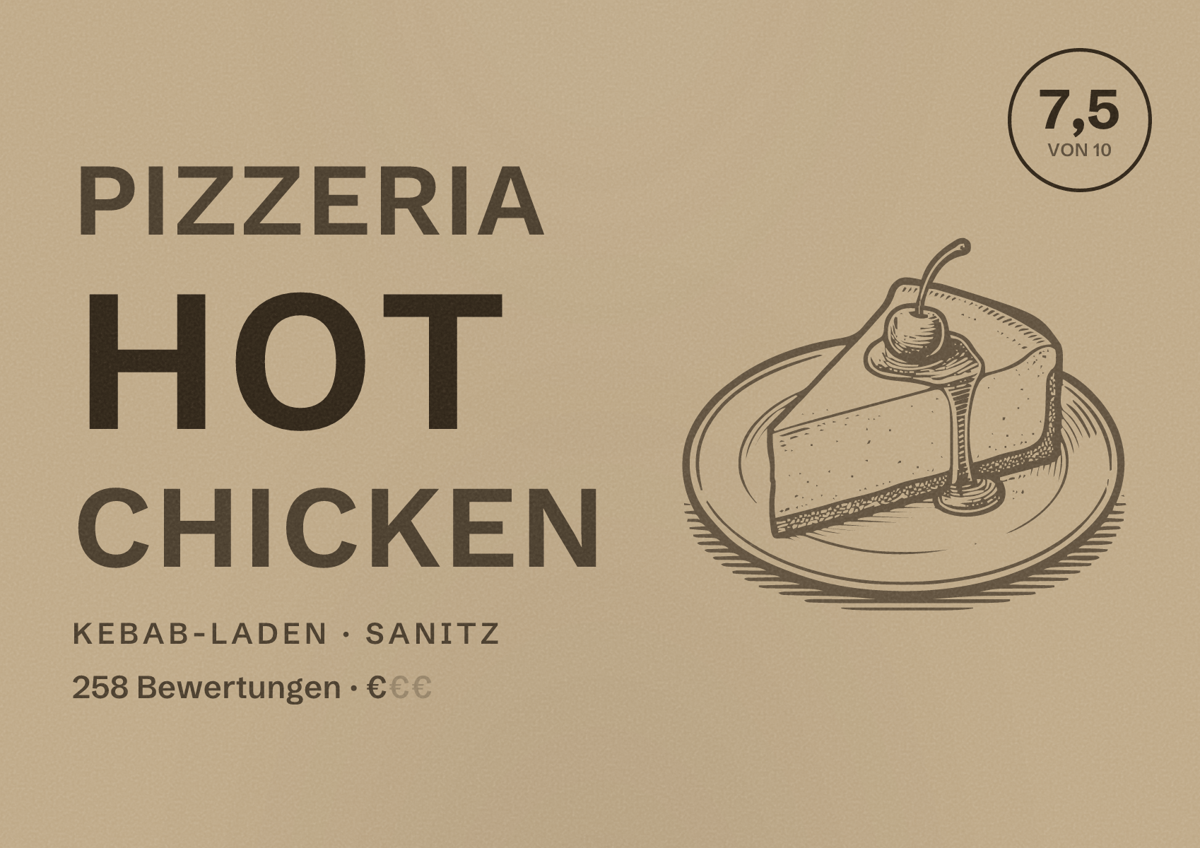 Illustriertes Poster von Pizzeria Hot Chicken, Kebab-Laden in Sanitz: Bewertung 7,5 von 10 aus 258 Bewertungen, Preisniveau €
