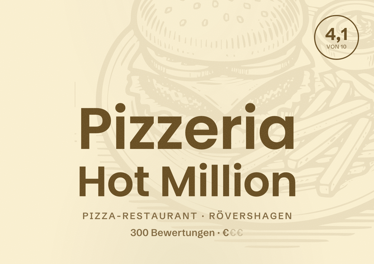 Illustriertes Poster von Pizzeria Hot Million, Pizza-Restaurant in Rövershagen: Bewertung 4,1 von 10 aus 300 Bewertungen, Preisniveau €