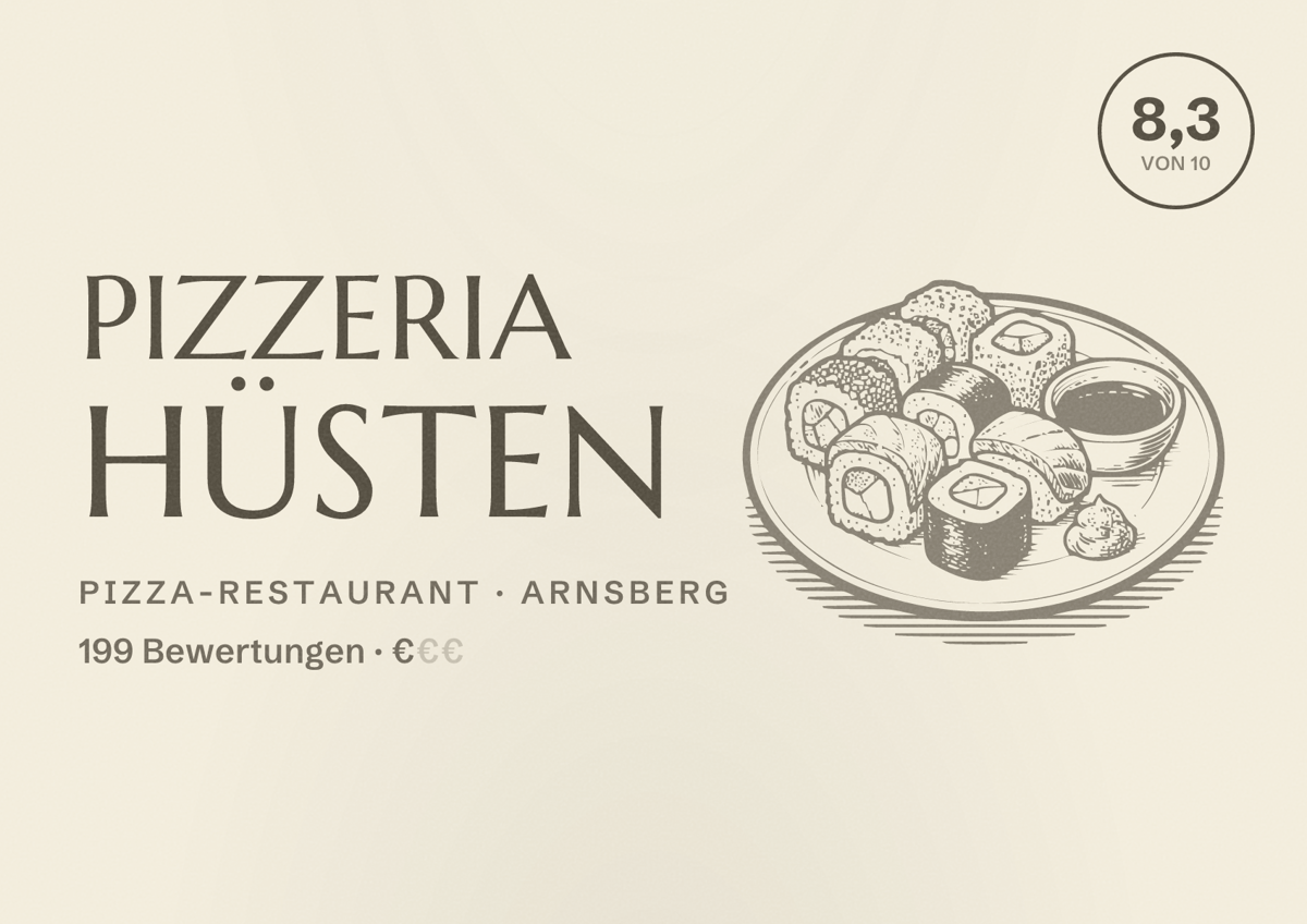 Illustriertes Poster von Pizzeria Hüsten, Pizza-Restaurant in Arnsberg: Bewertung 8,3 von 10 aus 199 Bewertungen, Preisniveau €€