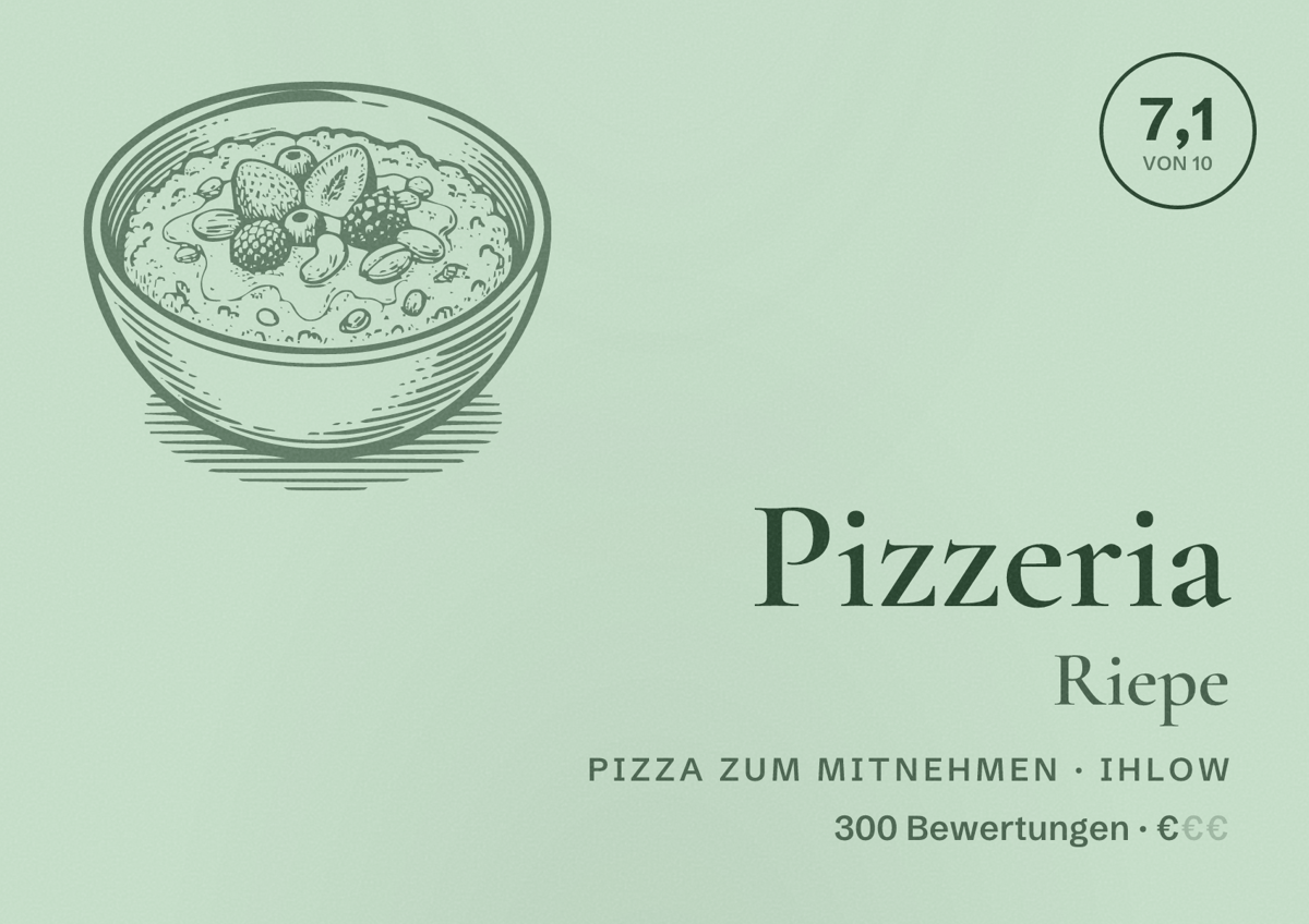 Illustriertes Poster von Pizzeria Riepe, Pizza zum Mitnehmen in Ihlow: Bewertung 7,1 von 10 aus 300 Bewertungen, Preisniveau €
