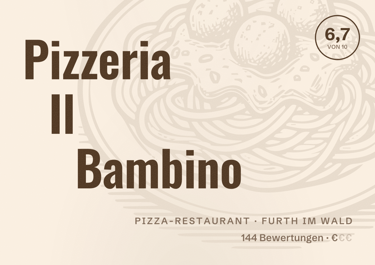 Illustriertes Poster von Pizzeria Il Bambino, Pizza-Restaurant in Furth im Wald: Bewertung 6,7 von 10 aus 144 Bewertungen, Preisniveau €