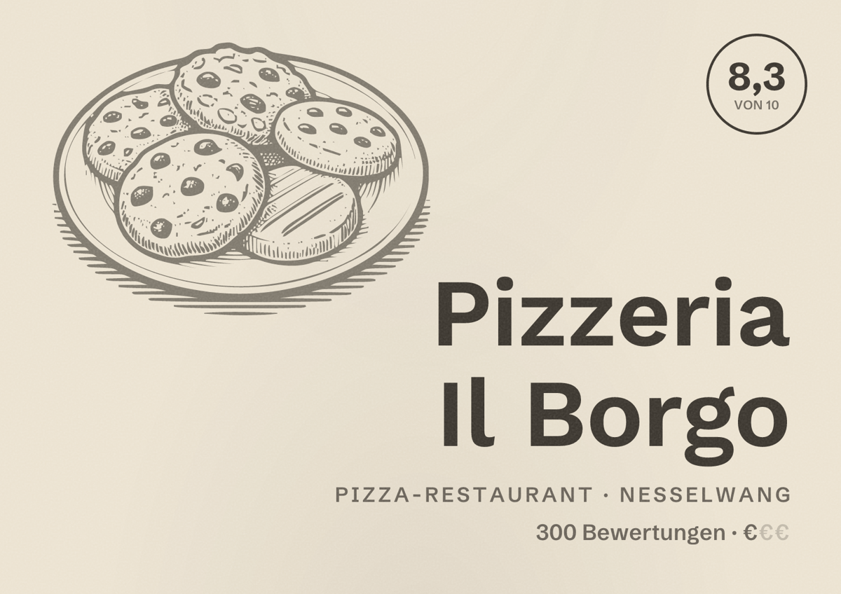 Illustriertes Poster von Pizzeria Il Borgo, Pizza-Restaurant in Nesselwang: Bewertung 8,3 von 10 aus 300 Bewertungen, Preisniveau €