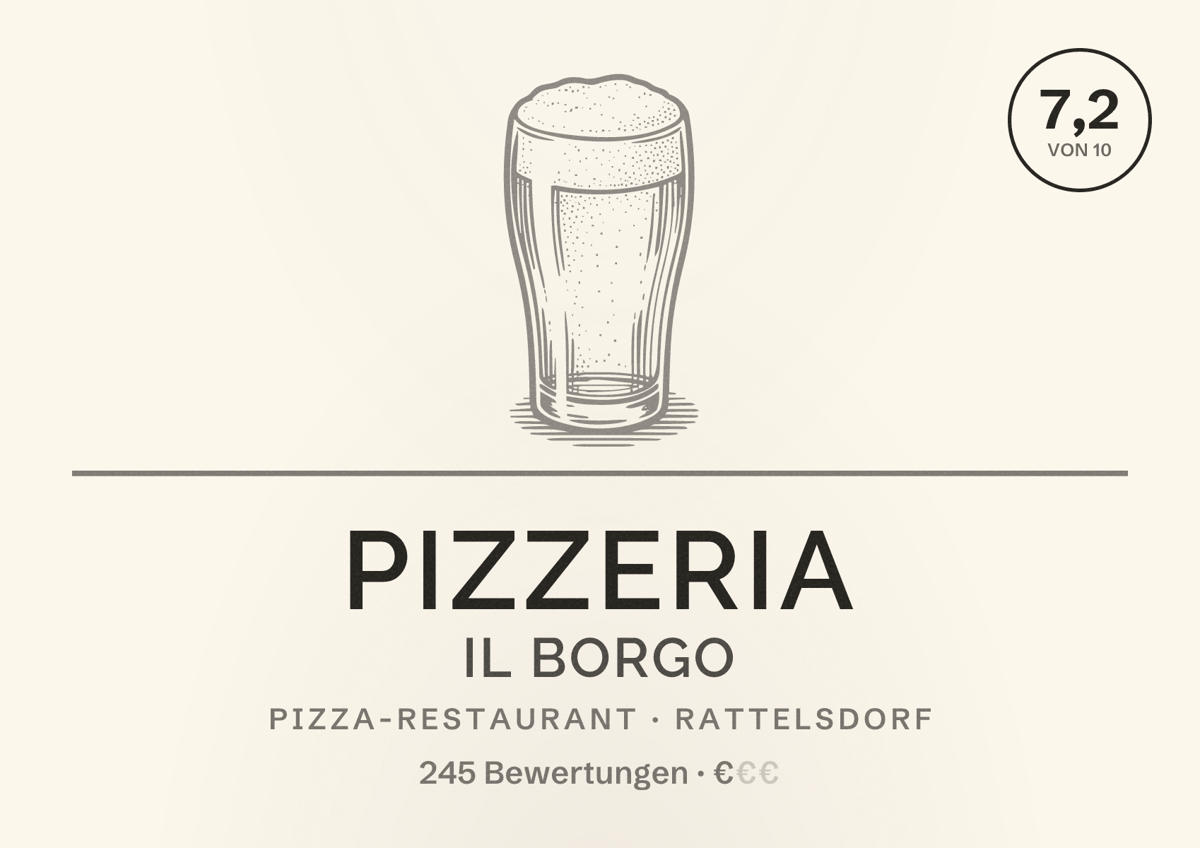 Illustriertes Poster von Pizzeria IL Borgo, Pizza-Restaurant in Rattelsdorf: Bewertung 7,2 von 10 aus 245 Bewertungen, Preisniveau €