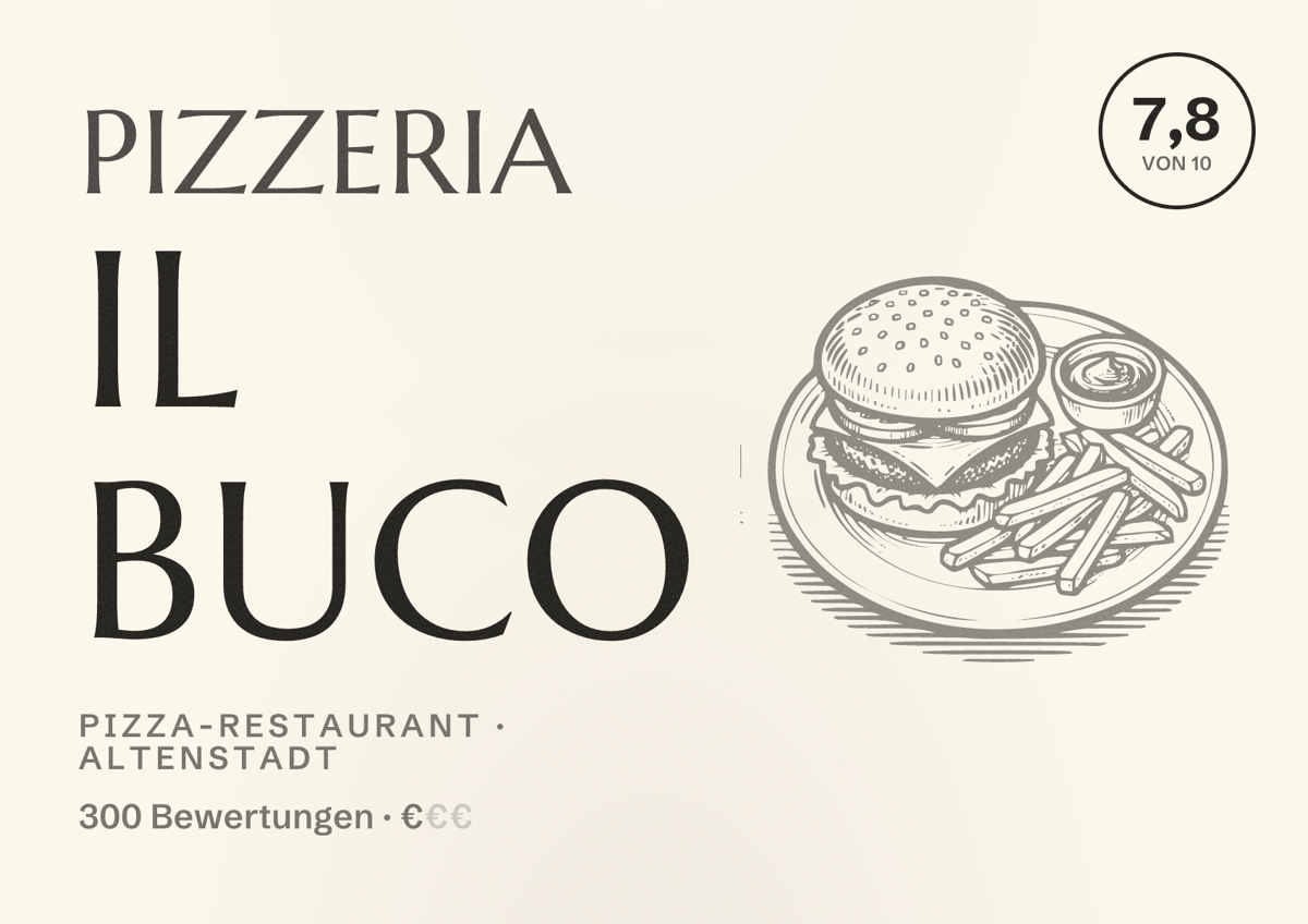 Illustriertes Poster von Pizzeria Il Buco, Pizza-Restaurant in Altenstadt: Bewertung 7,8 von 10 aus 300 Bewertungen, Preisniveau €