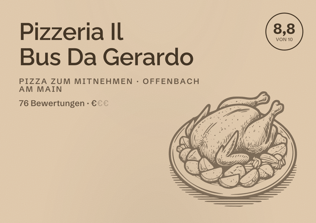 Illustriertes Poster von Pizzeria Il Bus Da Gerardo, Pizza zum Mitnehmen in Offenbach am Main: Bewertung 8,8 von 10 aus 76 Bewertungen, Preisniveau €
