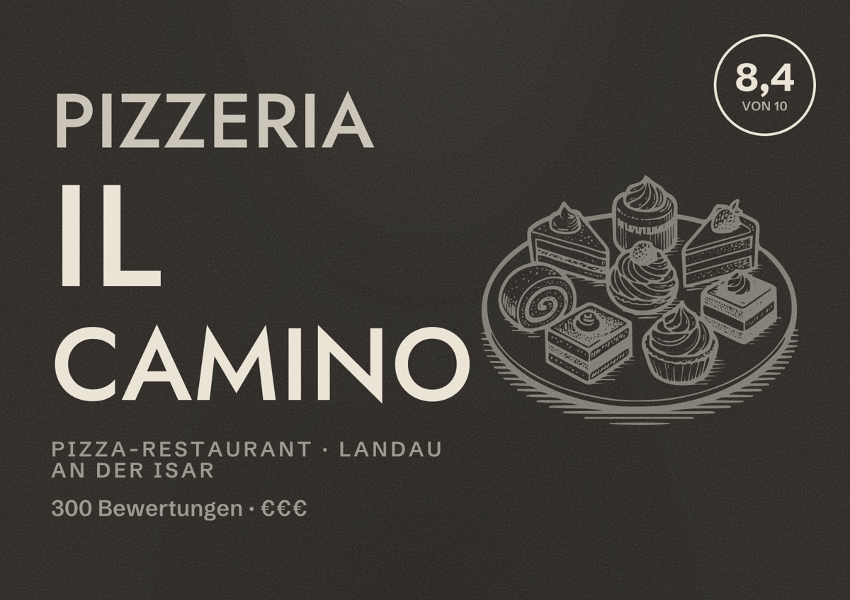 Illustriertes Poster von Pizzeria Il Camino, Pizza-Restaurant in Landau an der Isar: Bewertung 8,4 von 10 aus 300 Bewertungen, Preisniveau €€€