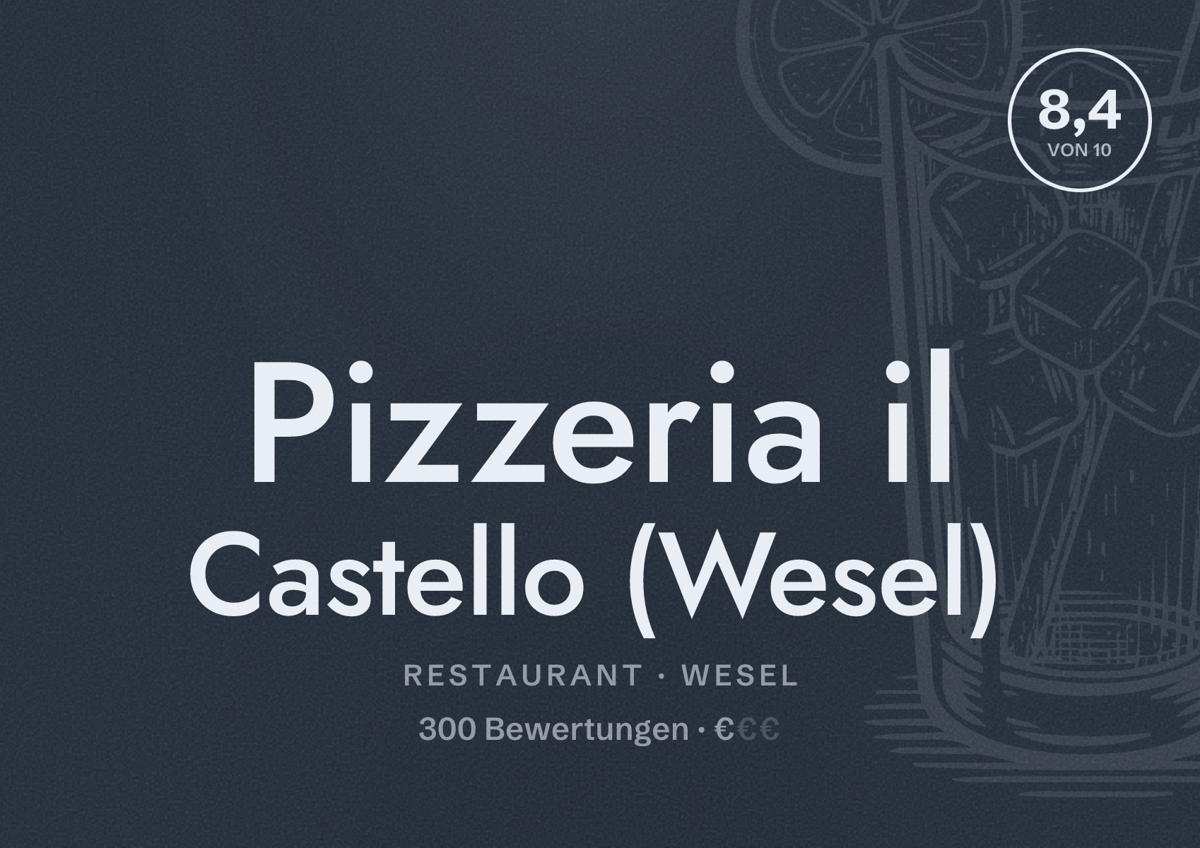 Illustriertes Poster von Pizzeria il Castello (Wesel), Restaurant in Wesel: Bewertung 8,4 von 10 aus 300 Bewertungen, Preisniveau €
