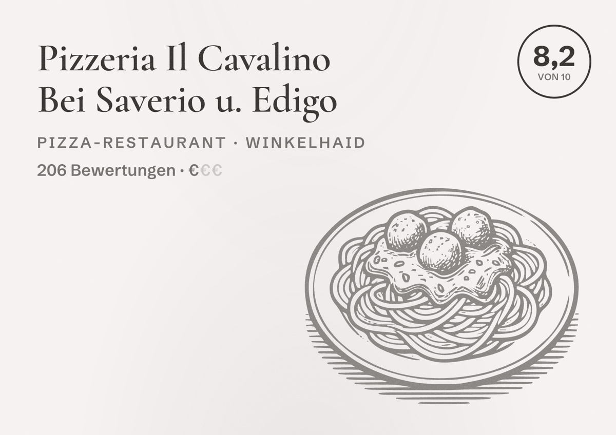 Illustriertes Poster von Pizzeria Il Cavalino Bei Saverio u. Edigo, Pizza-Restaurant in Winkelhaid: Bewertung 8,2 von 10 aus 206 Bewertungen, Preisniveau €