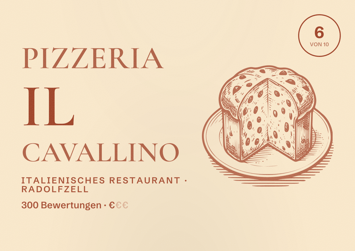 Illustriertes Poster von Pizzeria Il Cavallino, Italienisches Restaurant in Radolfzell: Bewertung 6 von 10 aus 300 Bewertungen, Preisniveau €