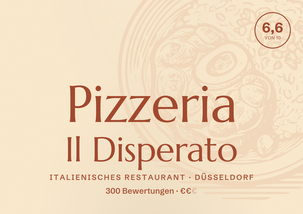 Illustriertes Poster von Pizzeria Il Disperato, Italienisches Restaurant in Düsseldorf: Bewertung 6,6 von 10 aus 300 Bewertungen, Preisniveau €€