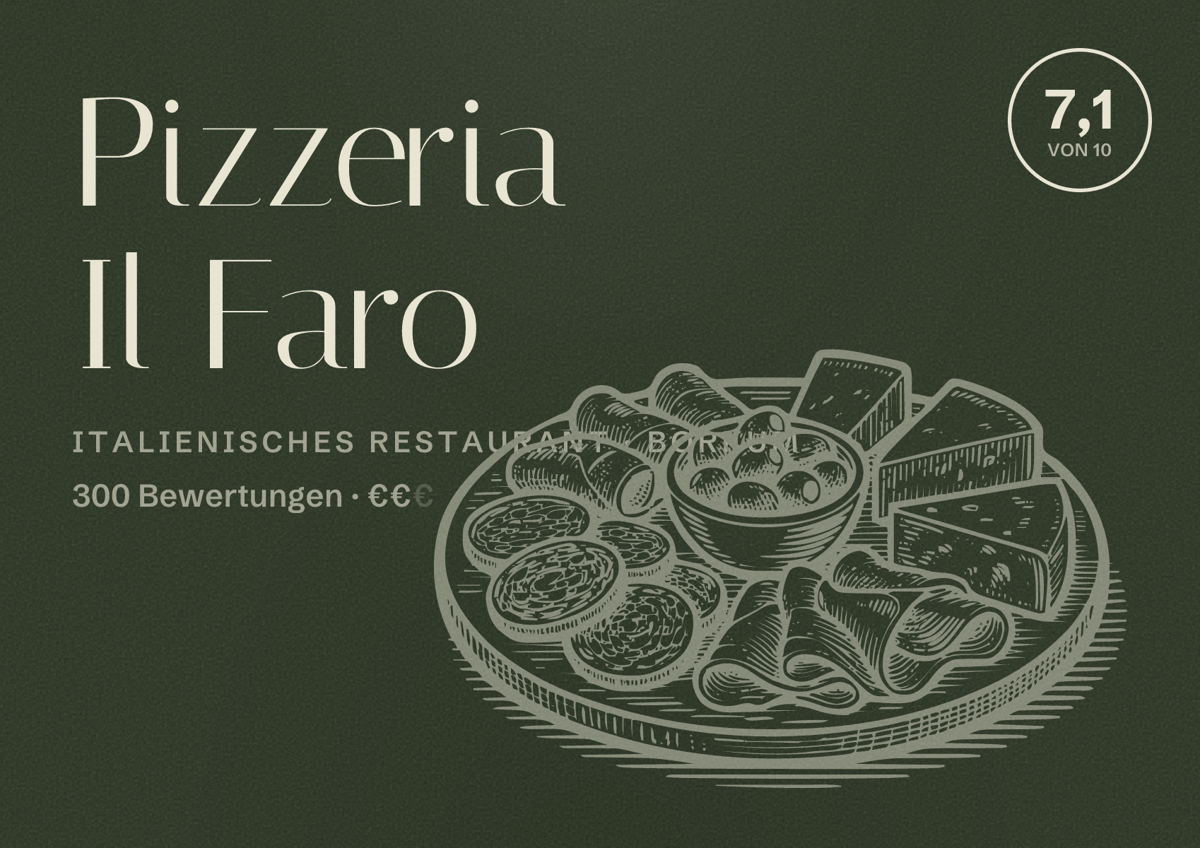 Illustriertes Poster von Pizzeria Il Faro, Italienisches Restaurant in Borkum: Bewertung 7,1 von 10 aus 300 Bewertungen, Preisniveau €€