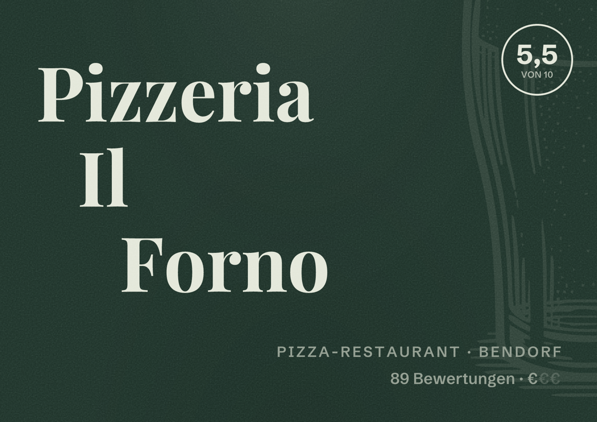 Illustriertes Poster von Pizzeria Il Forno, Pizza-Restaurant in Bendorf: Bewertung 5,5 von 10 aus 89 Bewertungen, Preisniveau €