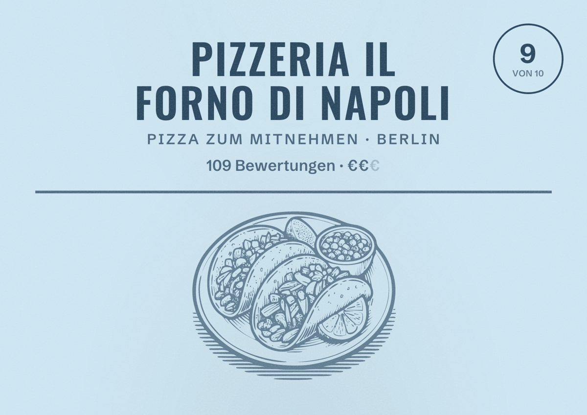 Illustriertes Poster von Pizzeria Il Forno di Napoli, Pizza zum Mitnehmen in Berlin: Bewertung 9,0 von 10 aus 109 Bewertungen, Preisniveau €€