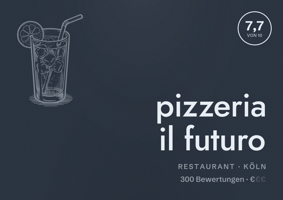 Illustriertes Poster von pizzeria il futuro, Restaurant in Köln: Bewertung 7,7 von 10 aus 300 Bewertungen, Preisniveau €