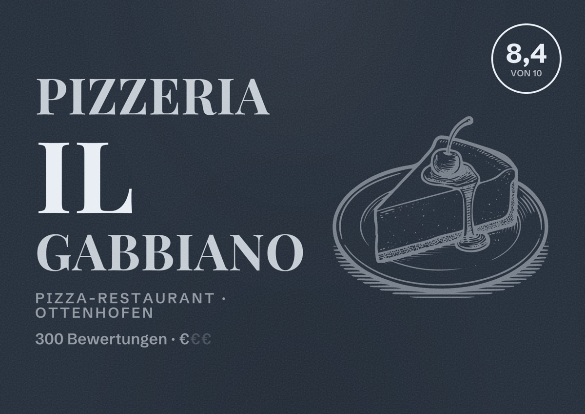 Illustriertes Poster von Pizzeria Il Gabbiano, Pizza-Restaurant in Ottenhofen: Bewertung 8,4 von 10 aus 300 Bewertungen, Preisniveau €