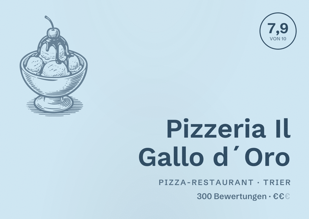 Illustriertes Poster von Pizzeria Il Gallo d´Oro, Pizza-Restaurant in Trier: Bewertung 7,9 von 10 aus 300 Bewertungen, Preisniveau €€