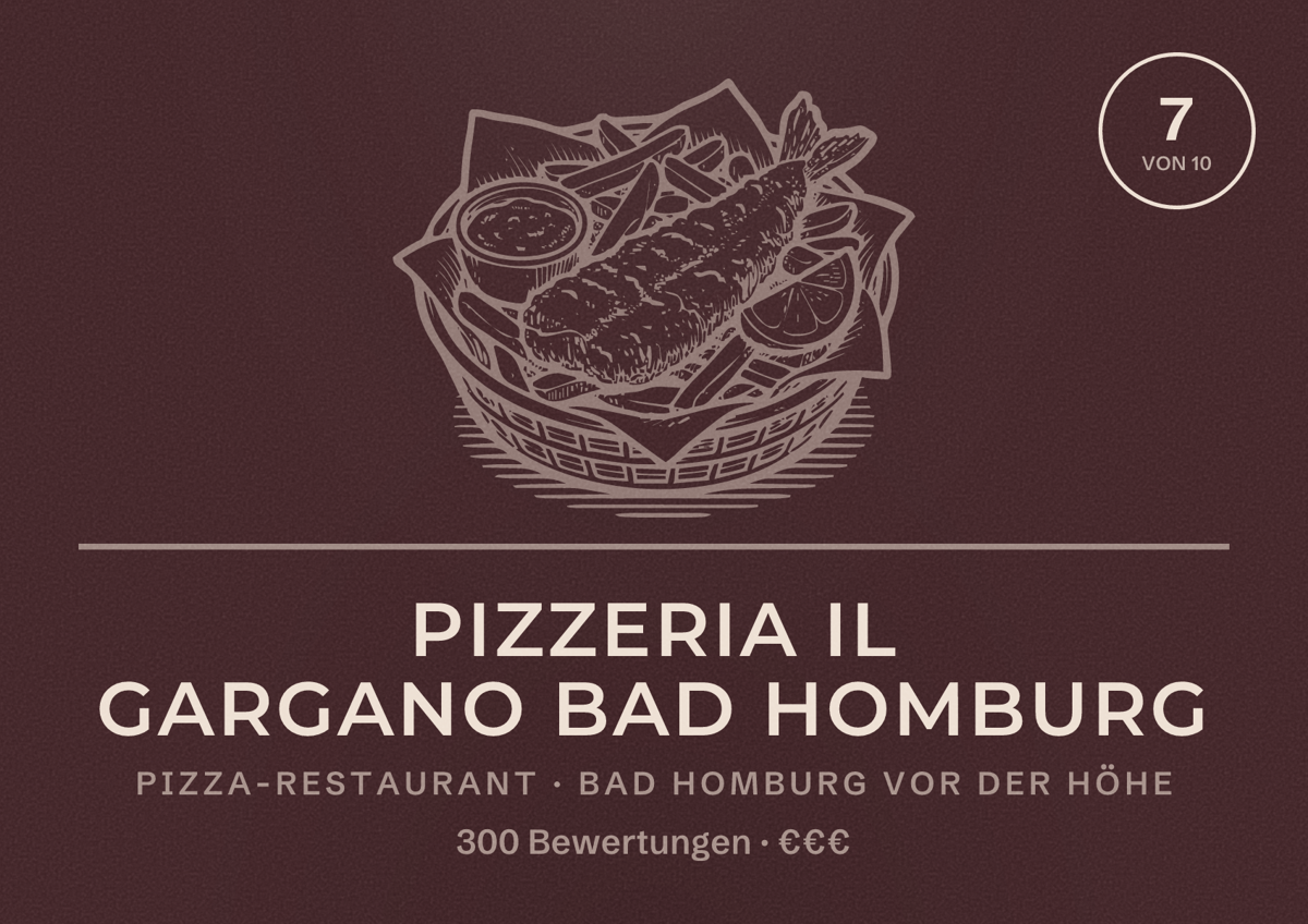 Illustriertes Poster von Pizzeria Il Gargano Bad Homburg, Pizza-Restaurant in Bad Homburg vor der Höhe: Bewertung 7 von 10 aus 300 Bewertungen, Preisniveau €€€