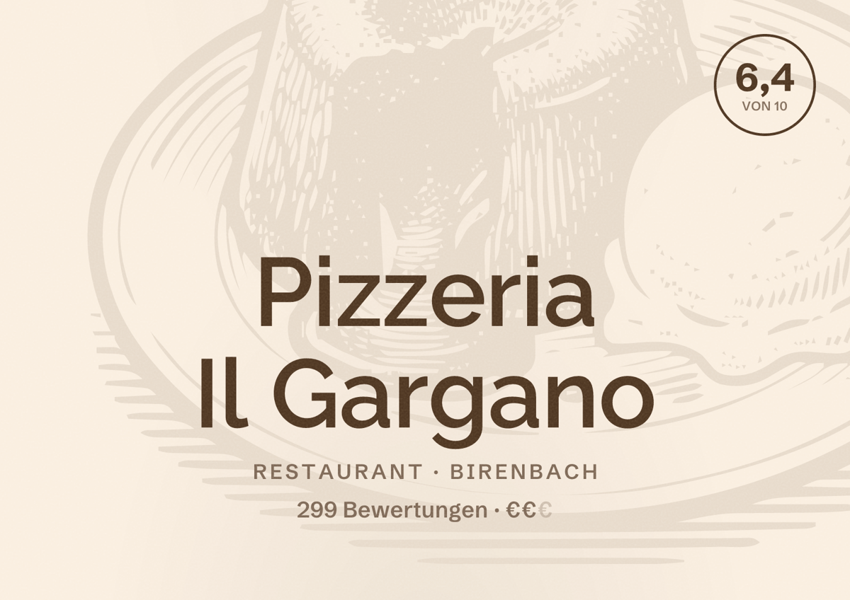 Illustriertes Poster von Pizzeria Il Gargano, Restaurant in Birenbach: Bewertung 6,4 von 10 aus 299 Bewertungen, Preisniveau €€
