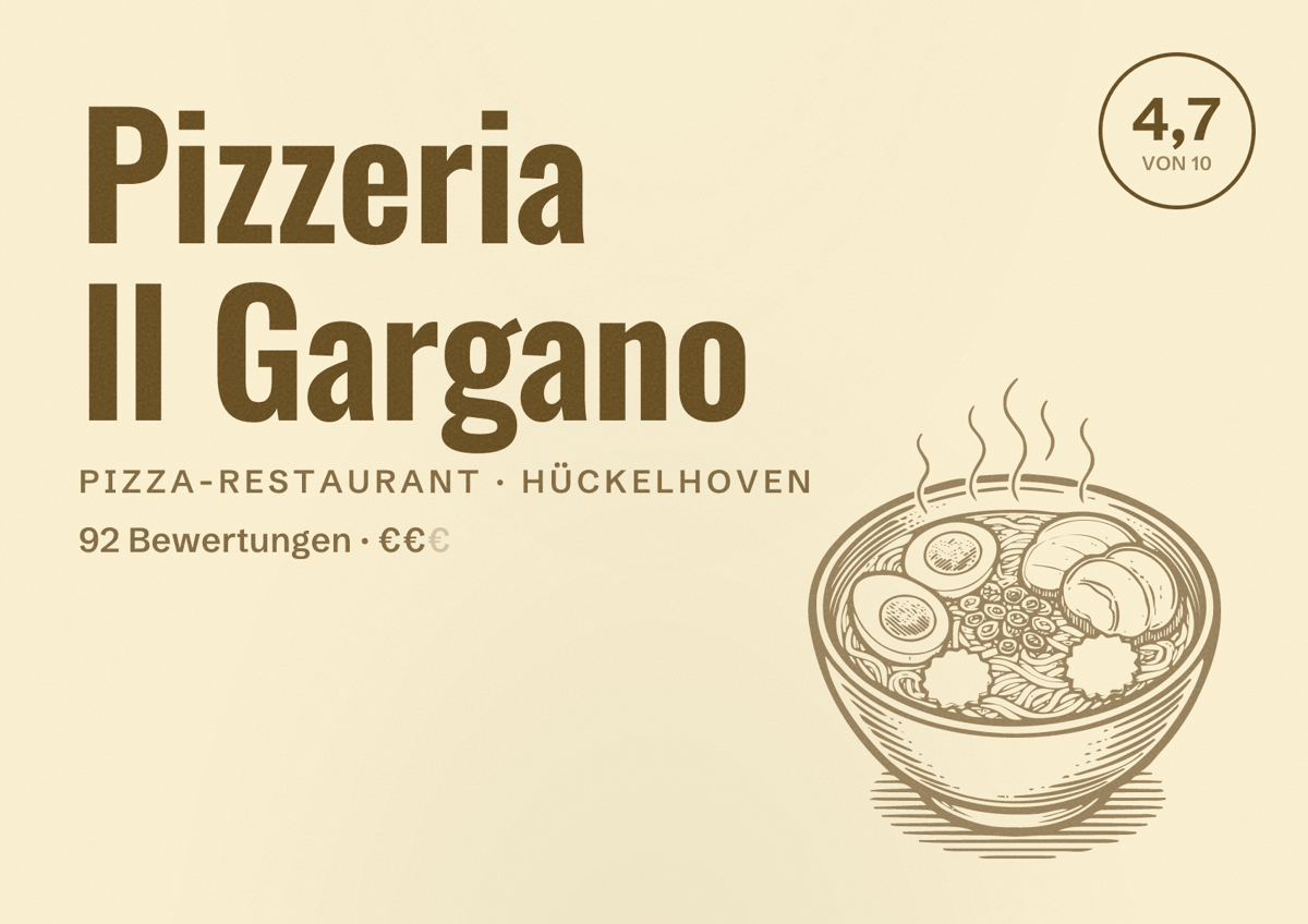 Illustriertes Poster von Pizzeria Il Gargano, Pizza-Restaurant in Hückelhoven: Bewertung 4,7 von 10 aus 92 Bewertungen, Preisniveau €€