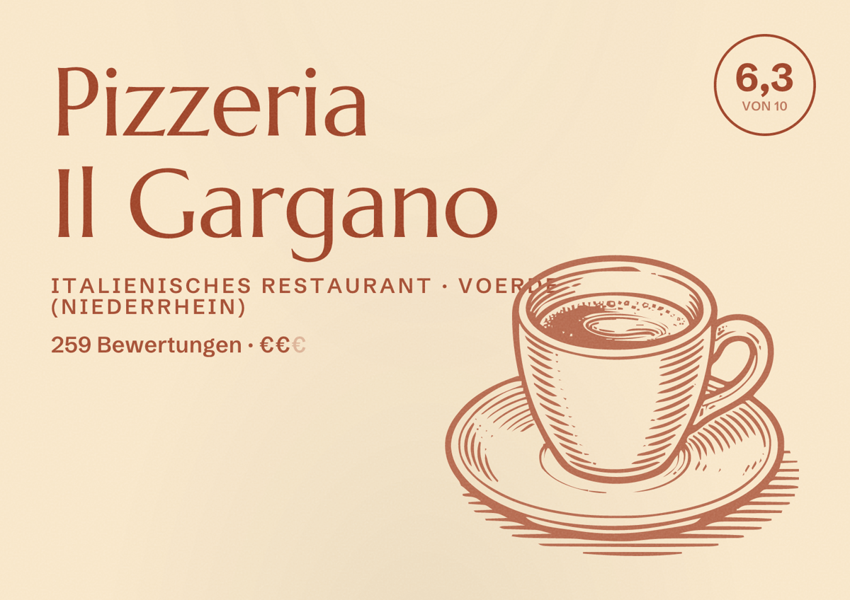 Illustriertes Poster von Pizzeria Il Gargano, Italienisches Restaurant in Voerde (Niederrhein): Bewertung 6,3 von 10 aus 259 Bewertungen, Preisniveau €€