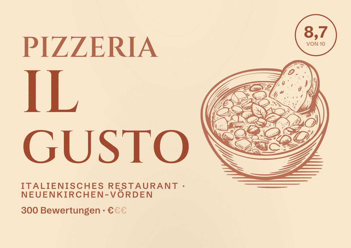 Illustriertes Poster von Pizzeria Il Gusto, Italienisches Restaurant in Neuenkirchen-Vörden: Bewertung 8,7 von 10 aus 300 Bewertungen, Preisniveau €