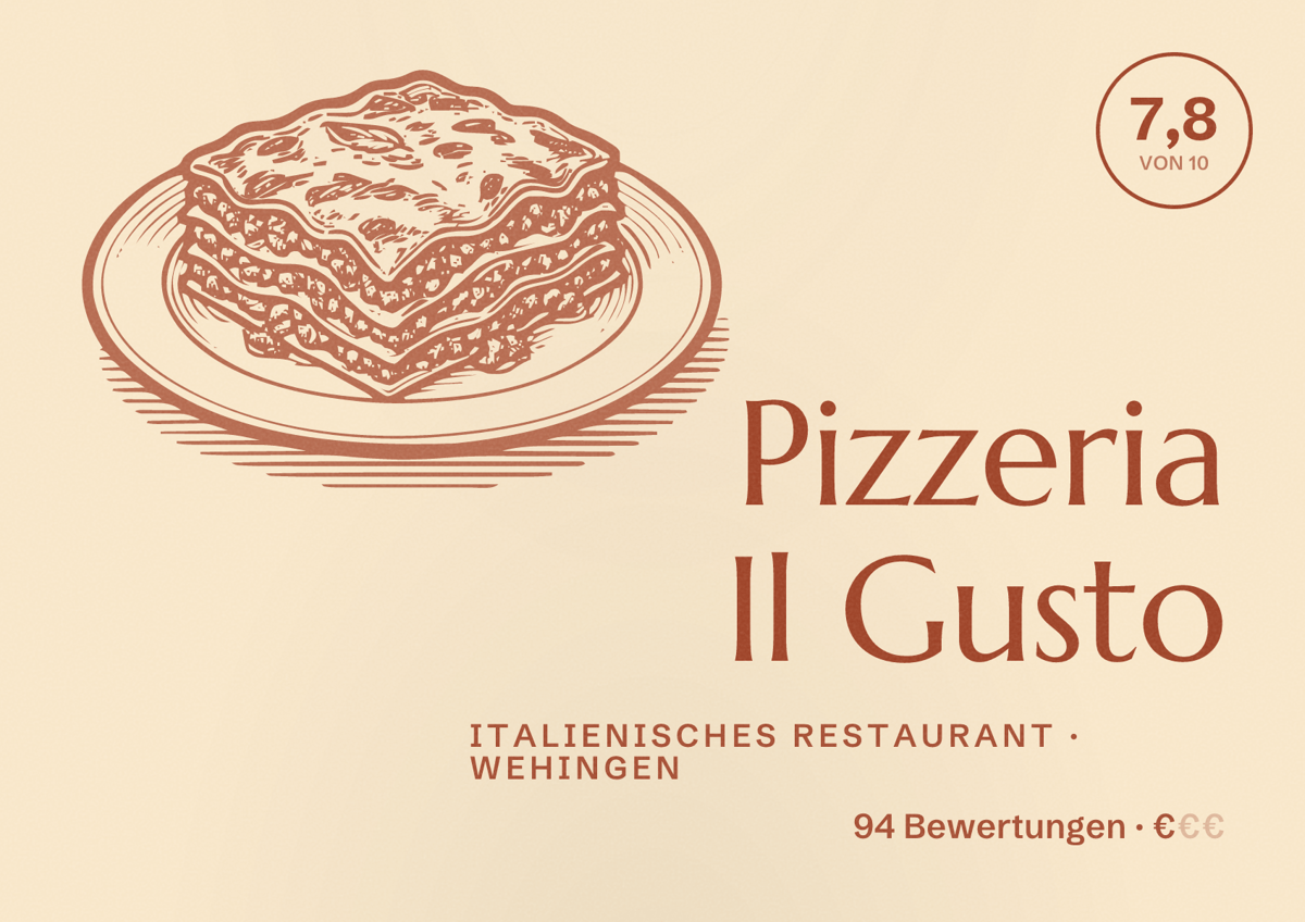 Illustriertes Poster von Pizzeria Il Gusto, Italienisches Restaurant in Wehingen: Bewertung 7,8 von 10 aus 94 Bewertungen, Preisniveau €