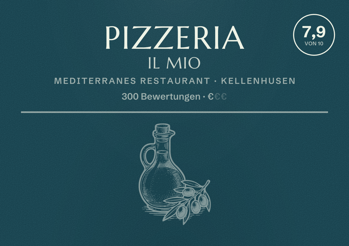 Illustriertes Poster von Pizzeria IL Mio, Mediterranes Restaurant in Kellenhusen: Bewertung 7,9 von 10 aus 300 Bewertungen, Preisniveau €