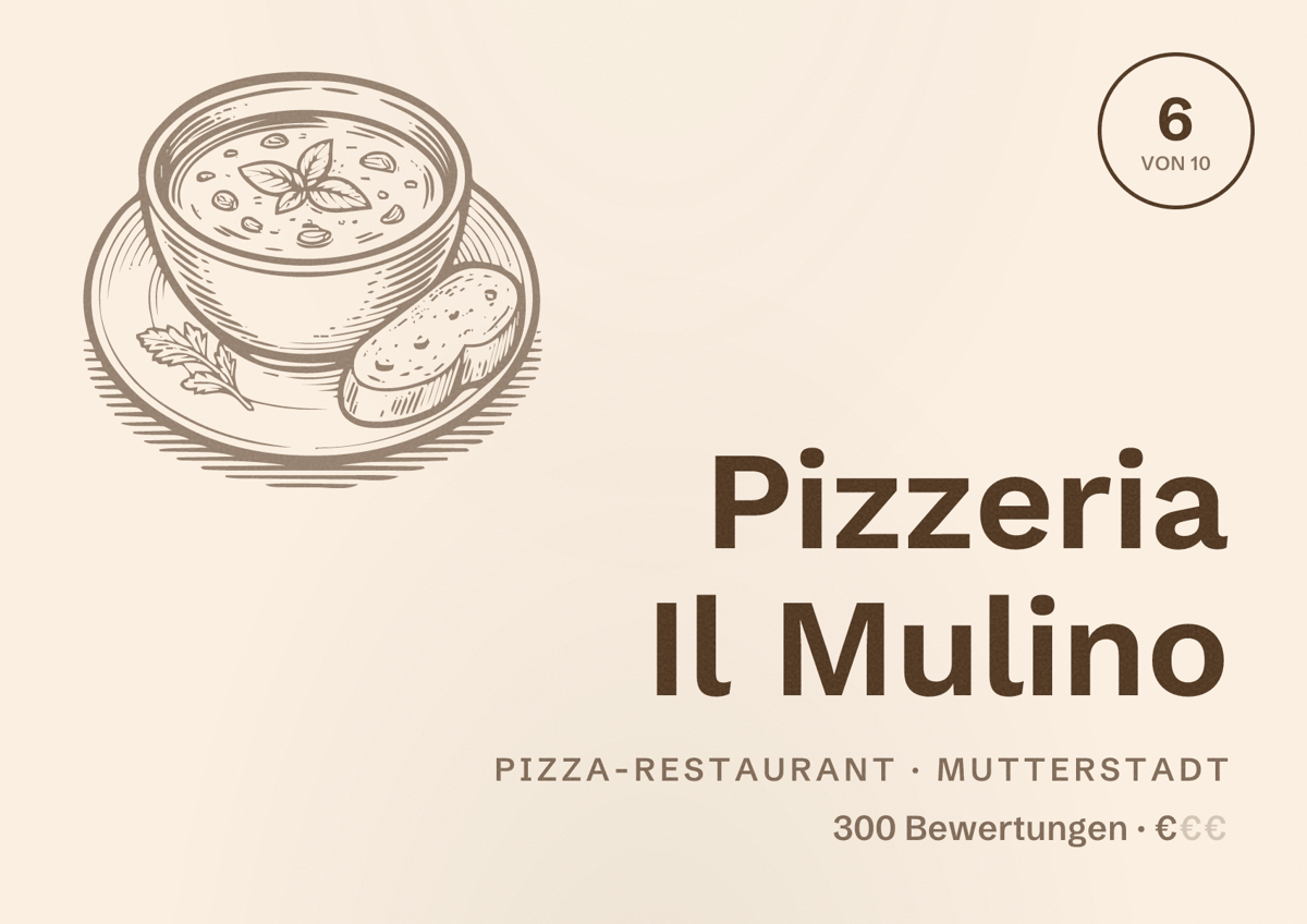 Illustriertes Poster von Pizzeria Il Mulino, Pizza-Restaurant in Mutterstadt: Bewertung 6 von 10 aus 300 Bewertungen, Preisniveau €