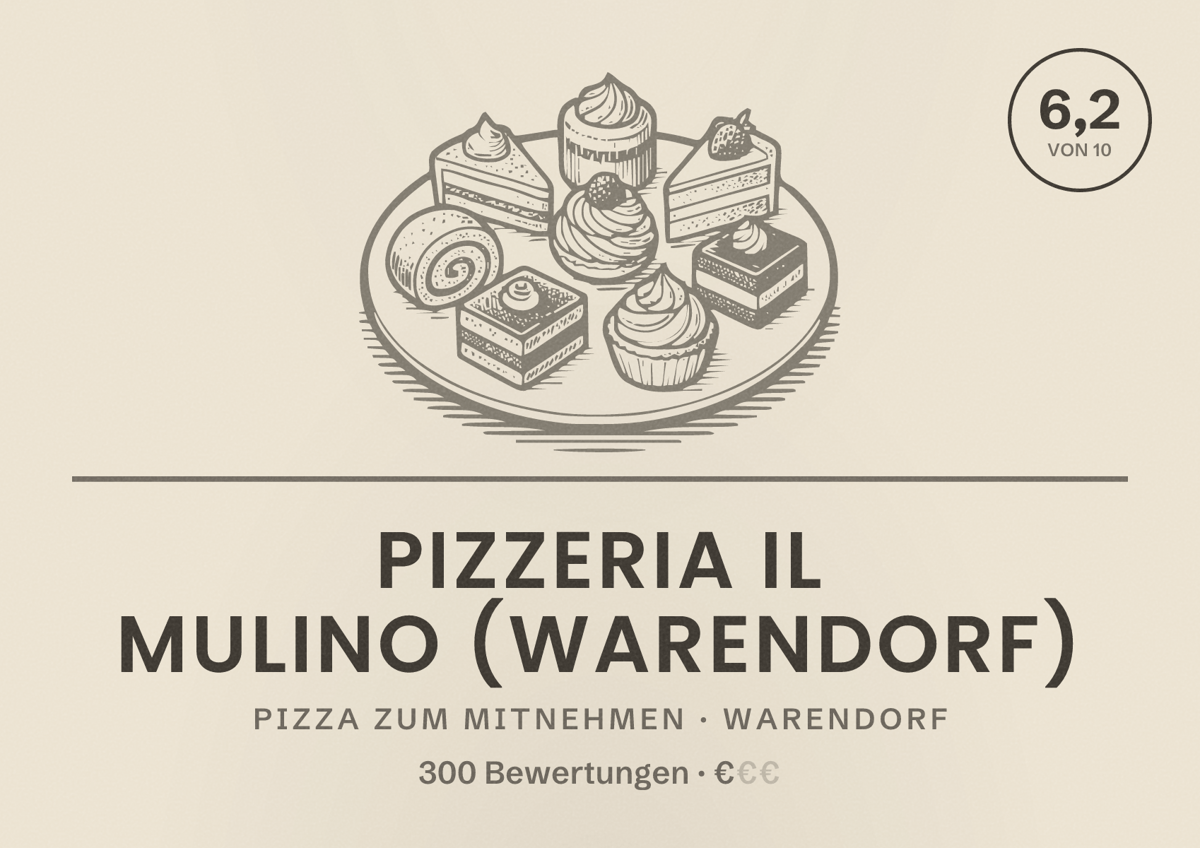 Illustriertes Poster von Pizzeria Il Mulino (WARENDORF), Pizza zum Mitnehmen in Warendorf: Bewertung 6,2 von 10 aus 300 Bewertungen, Preisniveau €