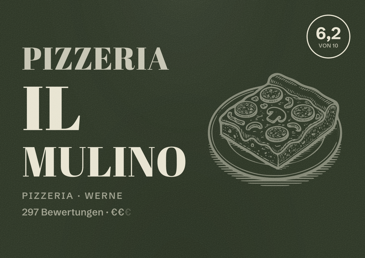 Illustriertes Poster von Pizzeria Il Mulino, Pizzeria in Werne: Bewertung 6,2 von 10 aus 297 Bewertungen, Preisniveau €€