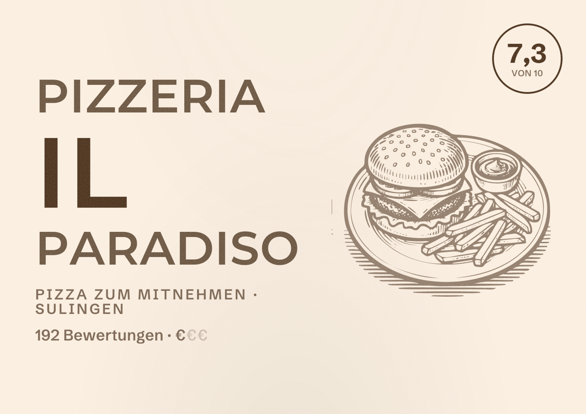 Illustriertes Poster von Pizzeria Il Paradiso, Pizza zum Mitnehmen in Sulingen: Bewertung 7,3 von 10 aus 192 Bewertungen, Preisniveau €