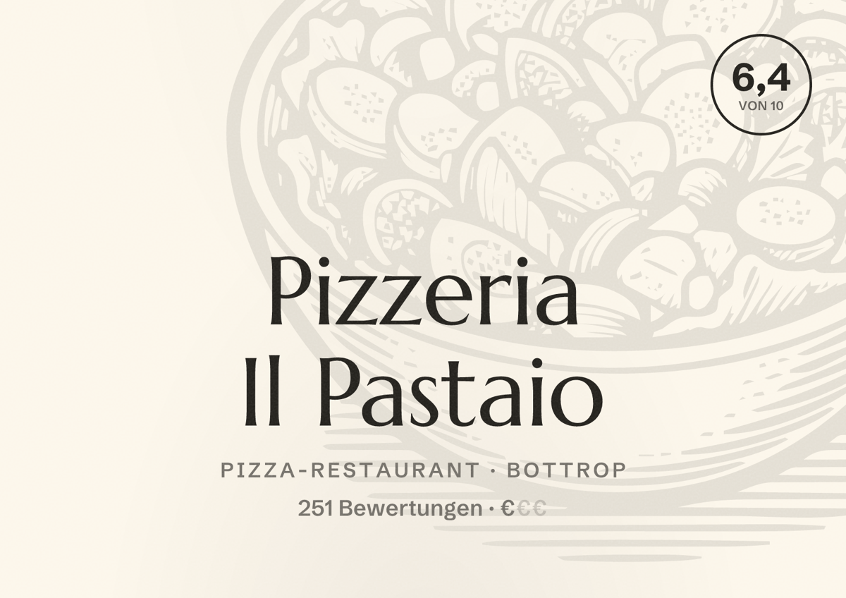 Illustriertes Poster von Pizzeria Il Pastaio, Pizza-Restaurant in Bottrop: Bewertung 6,4 von 10 aus 251 Bewertungen, Preisniveau €